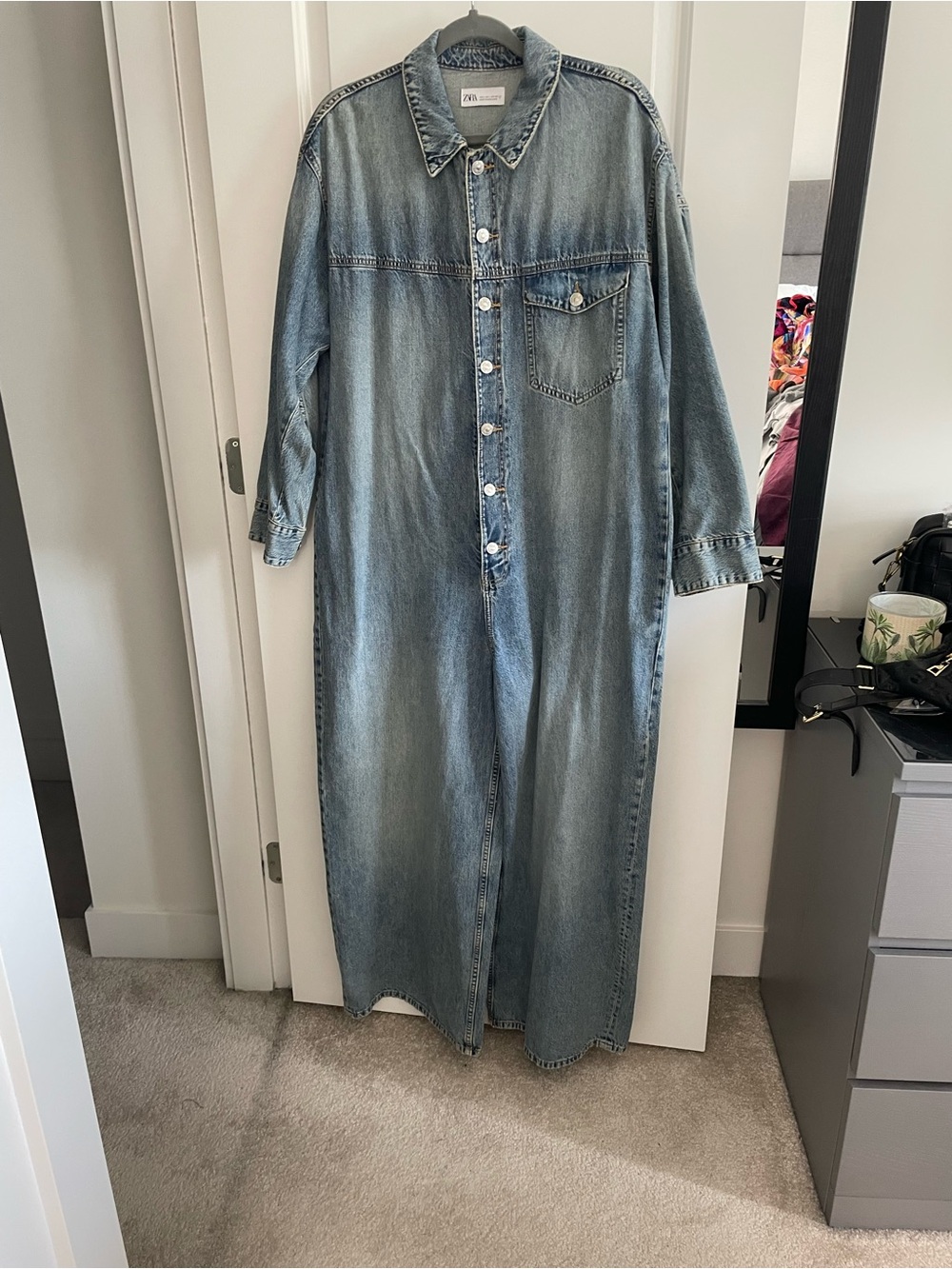 Zara Oversized Wide Leg Light Blue Denim Jumpsuit